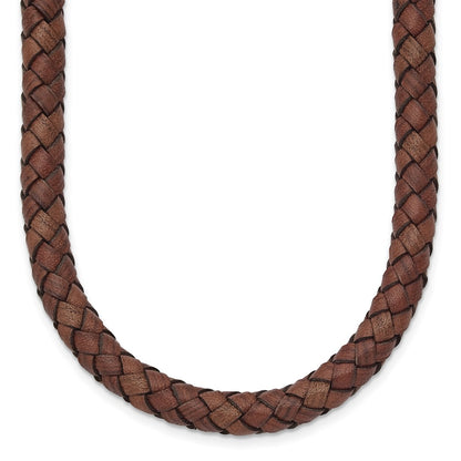 Stainless Steel Chisel Polished Woven Brown Leather 19.5 Inch Necklace