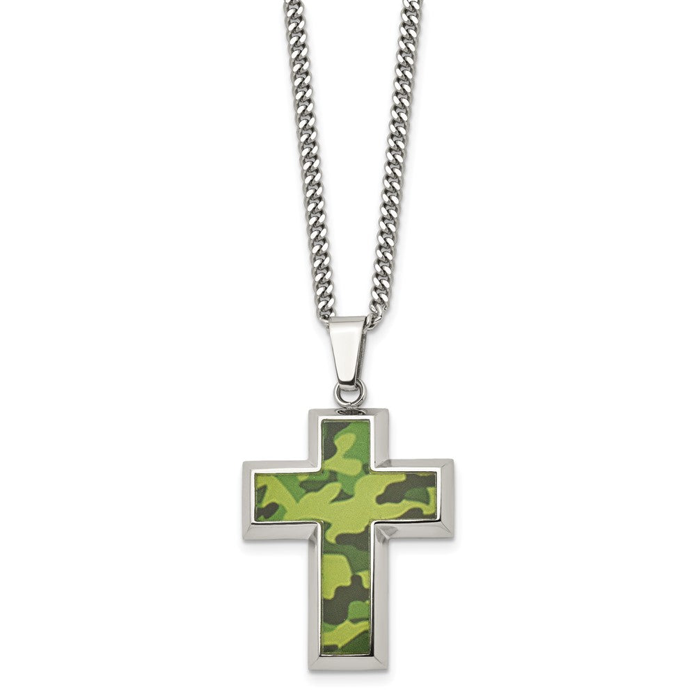 Stainless Steel Chisel Polished Printed Green Camo Under Rubber Cross Pendant On A 22 Inch Curb Chain Necklace