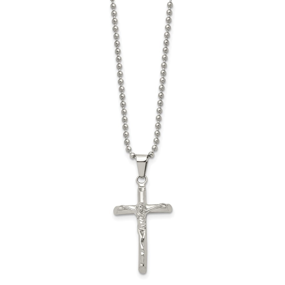 Stainless Steel Chisel Polished Crucifix Pendant On A 20 Inch Ball Chain Necklace