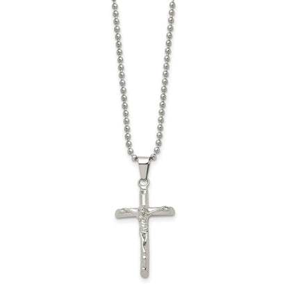 Stainless Steel Chisel Polished Crucifix Pendant On A 20 Inch Ball Chain Necklace