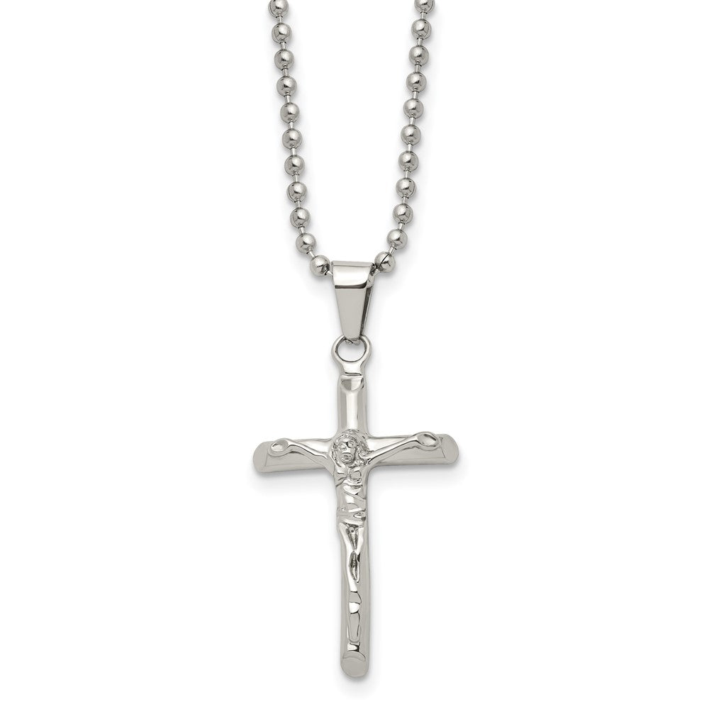 Stainless Steel Chisel Polished Crucifix Pendant On A 20 Inch Ball Chain Necklace
