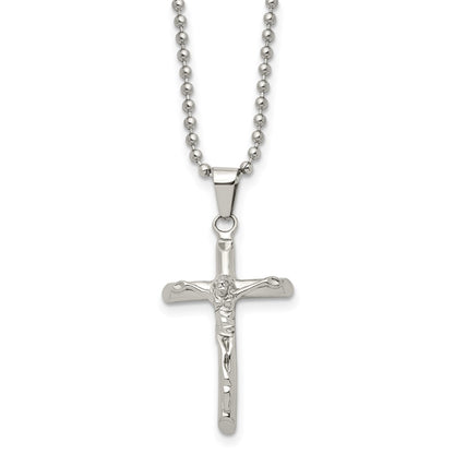 Stainless Steel Chisel Polished Crucifix Pendant On A 20 Inch Ball Chain Necklace