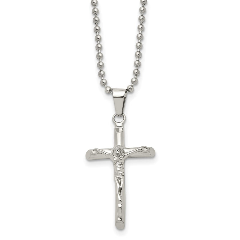 Stainless Steel Chisel Polished Crucifix Pendant On A 20 Inch Ball Chain Necklace
