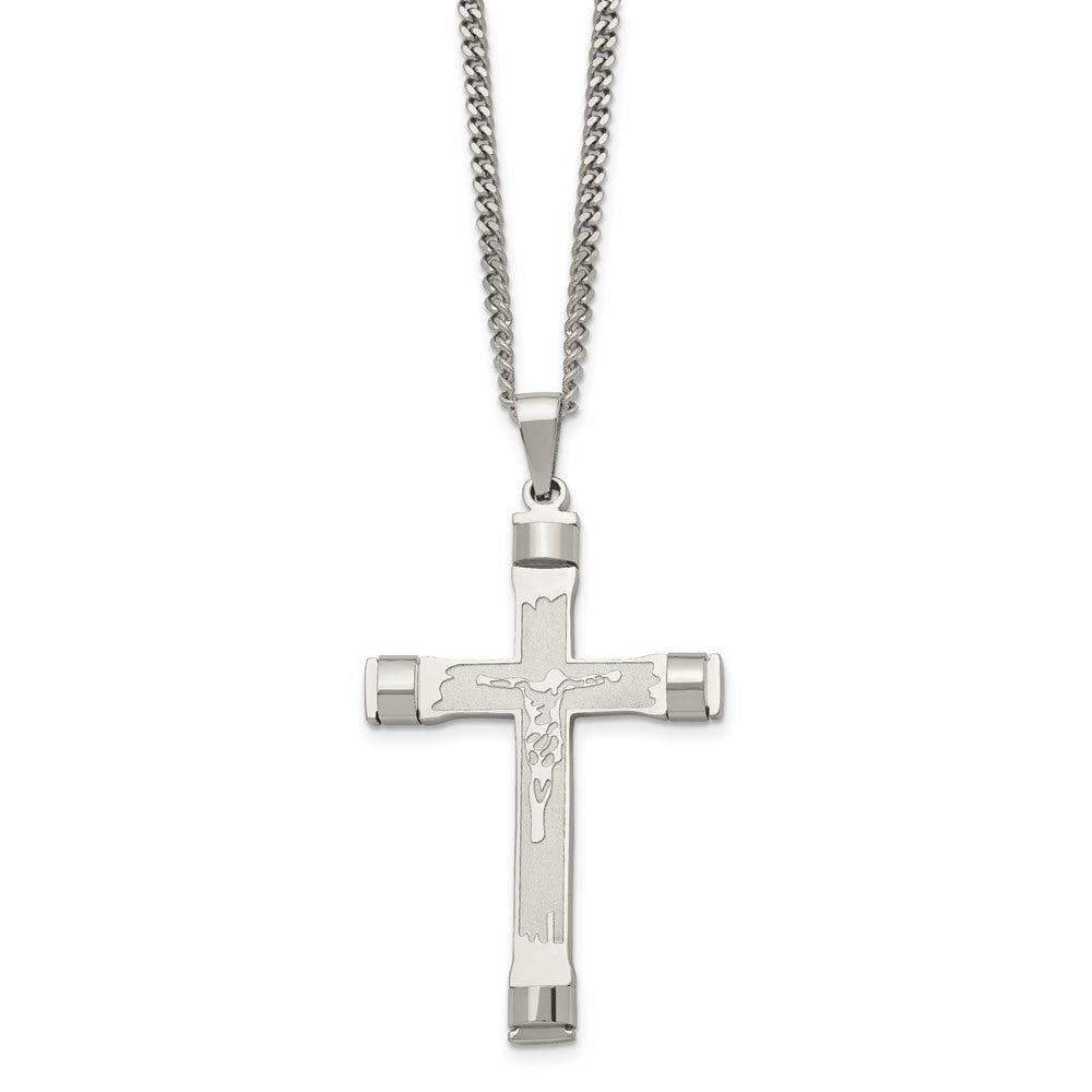 Stainless Steel Chisel Brushed And Polished Crucifix Pendant On A 22 Inch Curb Chain Necklace