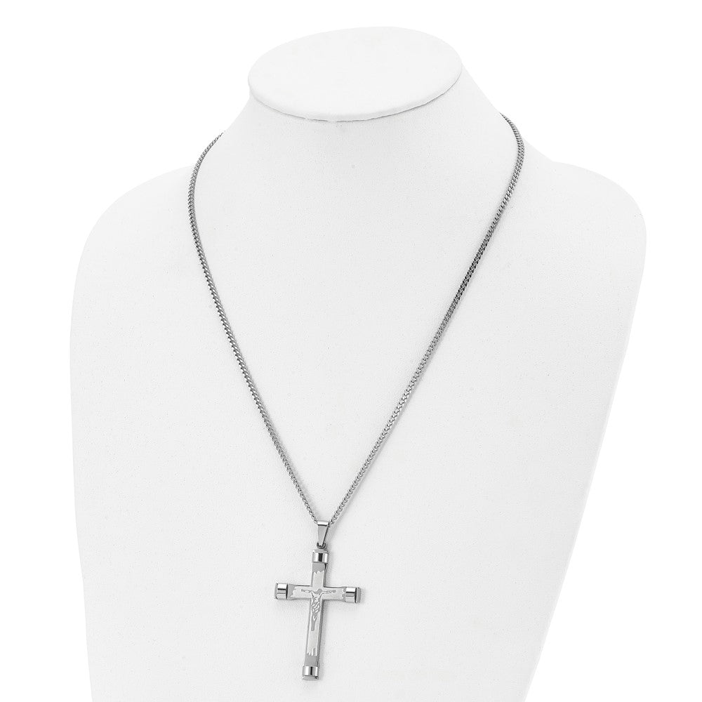 Stainless Steel Chisel Brushed And Polished Crucifix Pendant On A 22 Inch Curb Chain Necklace