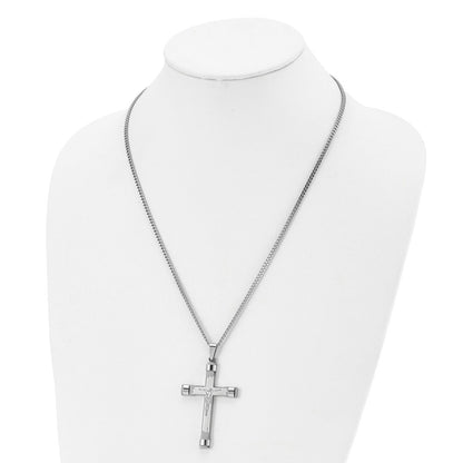 Stainless Steel Chisel Brushed And Polished Crucifix Pendant On A 22 Inch Curb Chain Necklace