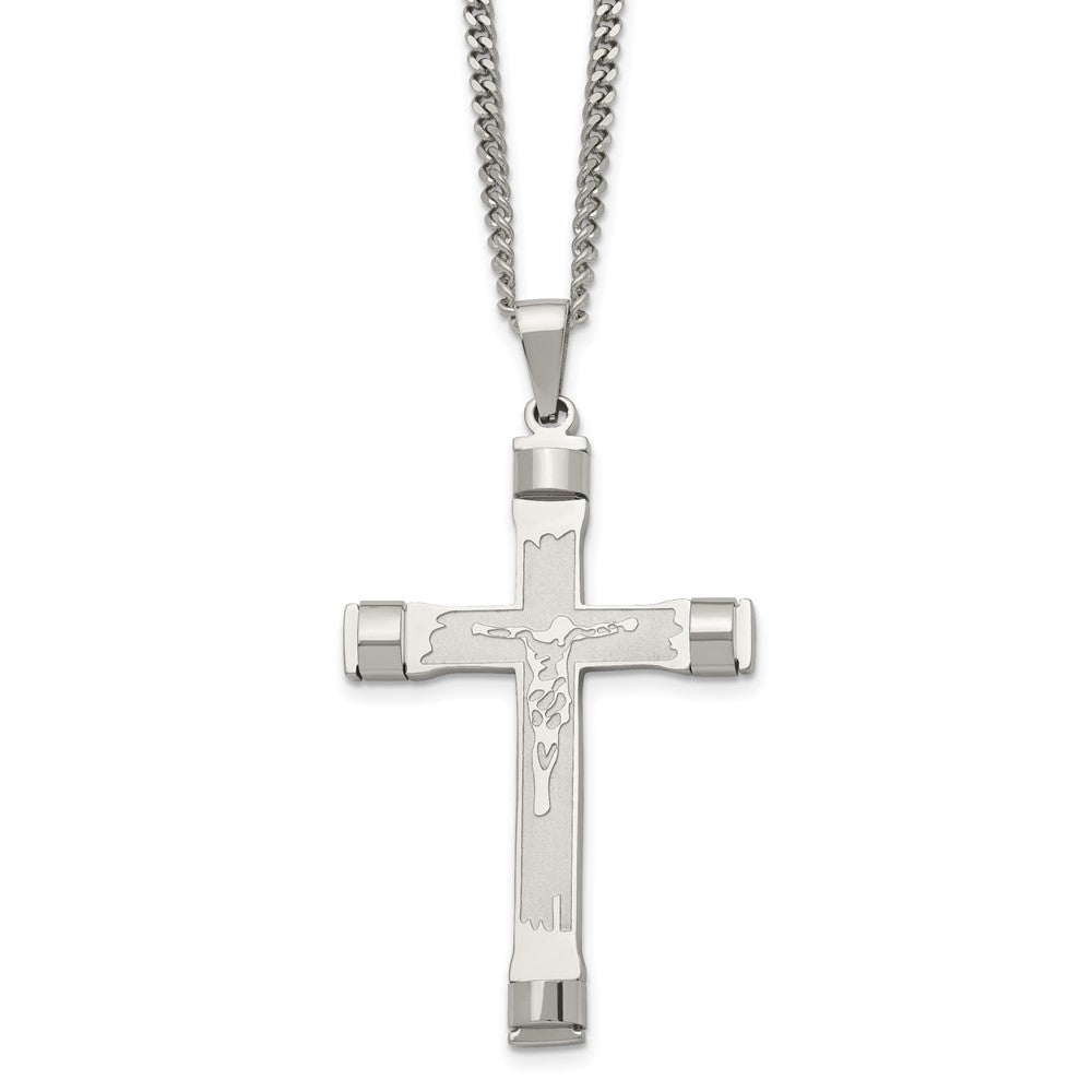 Stainless Steel Chisel Brushed And Polished Crucifix Pendant On A 22 Inch Curb Chain Necklace