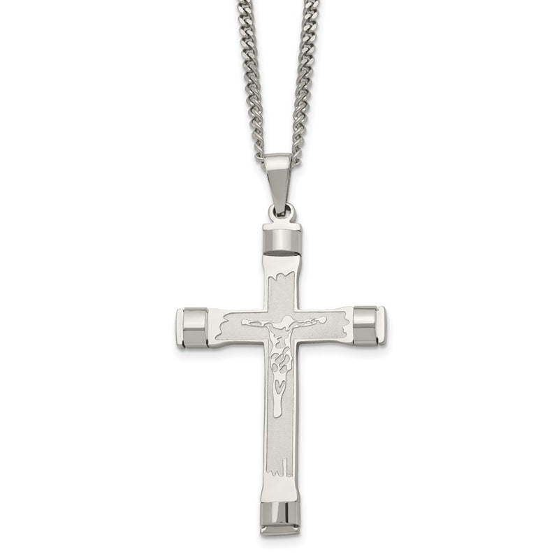 Stainless Steel Chisel Brushed And Polished Crucifix Pendant On A 22 Inch Curb Chain Necklace