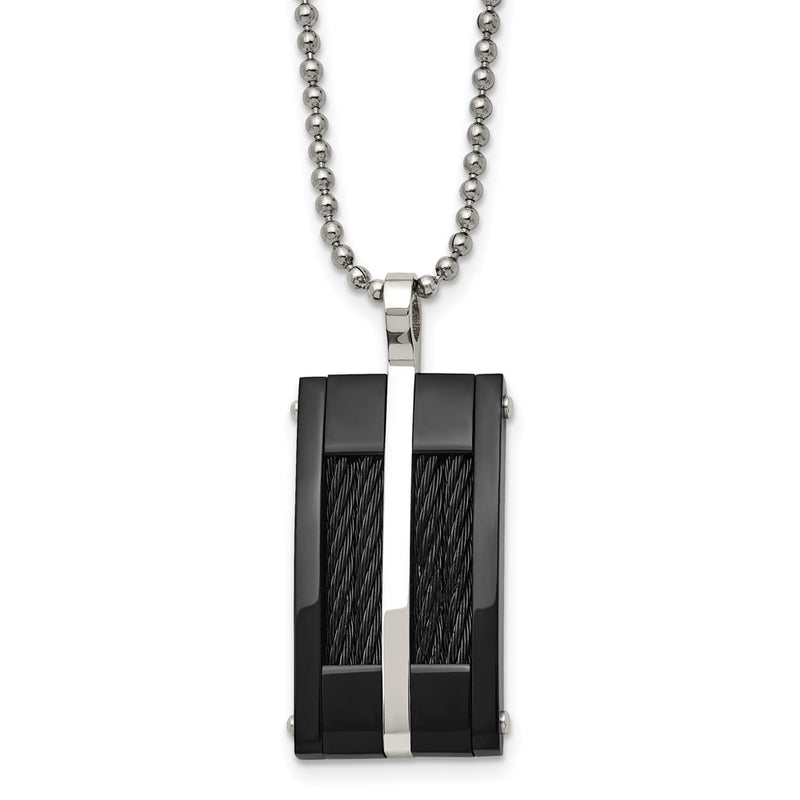 Stainless Steel 20In Polished Black Ip-Plated W/Cable Rectangle Necklace