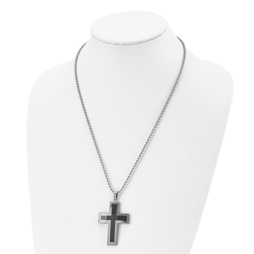 Stainless Steel Chisel Polished With Black Carbon Fiber Inlay Cross Pendant On A 22 Inch Ball Chain Necklace