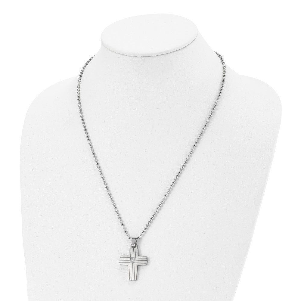 Stainless Steel Chisel Brushed And Polished With Cz Grooved Cross Pendant On A 22 Inch Ball Chain Necklace