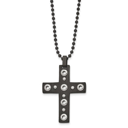 Stainless Steel Brushed And Polished Black Ip-Plated Cross 22In Necklace