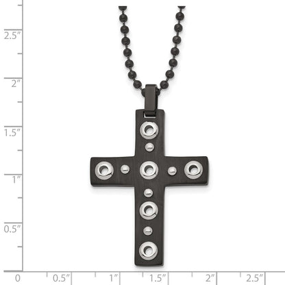 Stainless Steel Brushed And Polished Black Ip-Plated Cross 22In Necklace