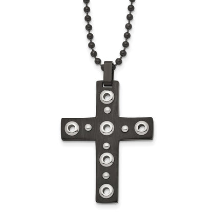 Stainless Steel Brushed And Polished Black Ip-Plated Cross 22In Necklace