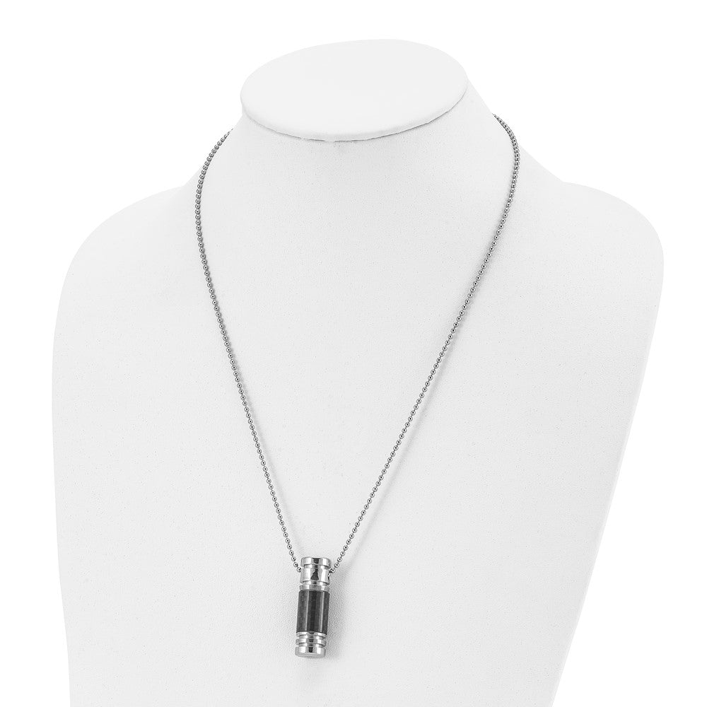 Stainless Steel Chisel Polished With Black Carbon Fiber Inlay Cylinder On A 22 Inch Ball Chain Necklace
