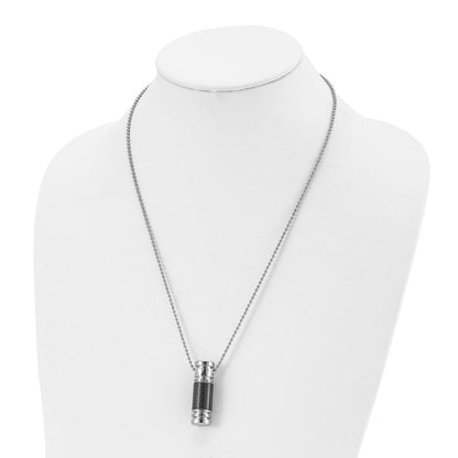 Stainless Steel Chisel Polished With Black Carbon Fiber Inlay Cylinder On A 22 Inch Ball Chain Necklace