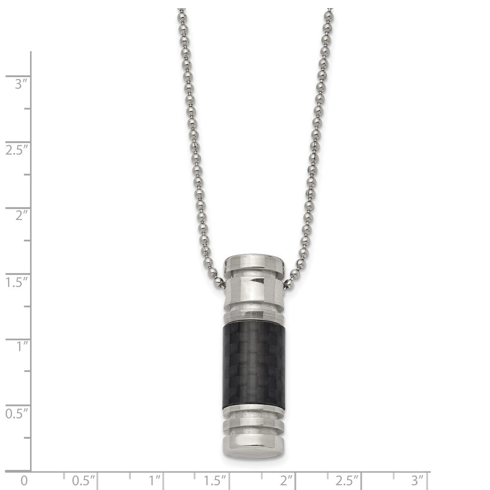 Stainless Steel Chisel Polished With Black Carbon Fiber Inlay Cylinder On A 22 Inch Ball Chain Necklace