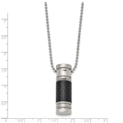 Stainless Steel Chisel Polished With Black Carbon Fiber Inlay Cylinder On A 22 Inch Ball Chain Necklace