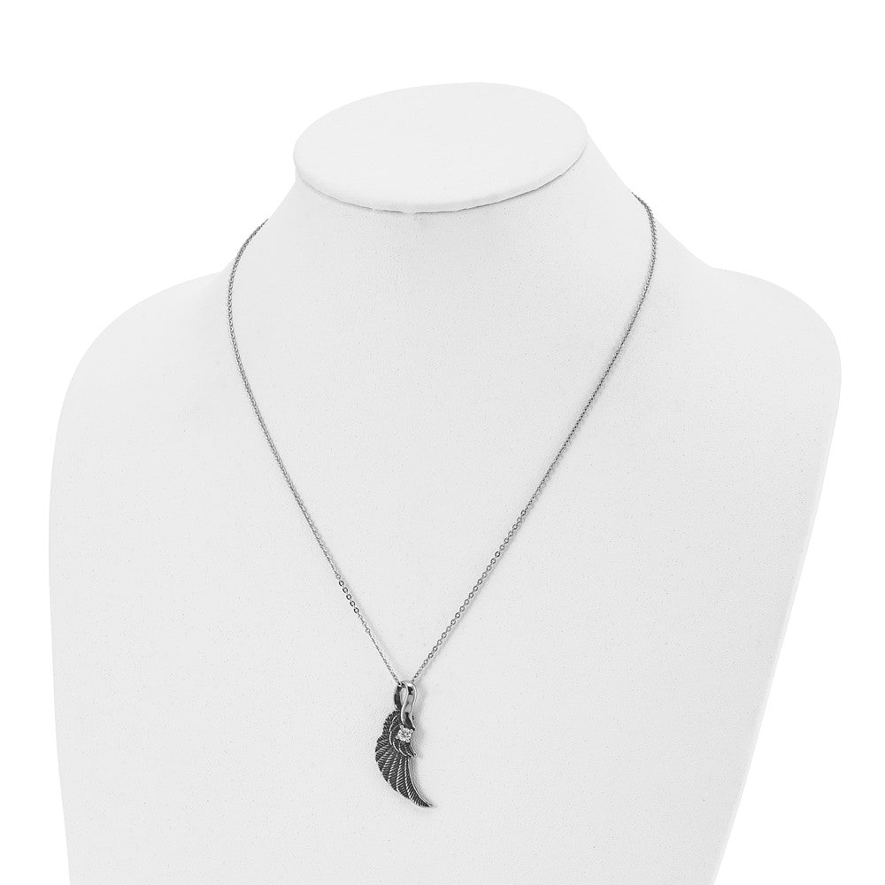 Stainless Steel Antiqued And Polished W/Crystal Wing 20In Necklace