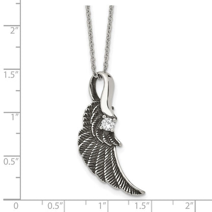 Stainless Steel Antiqued And Polished W/Crystal Wing 20In Necklace