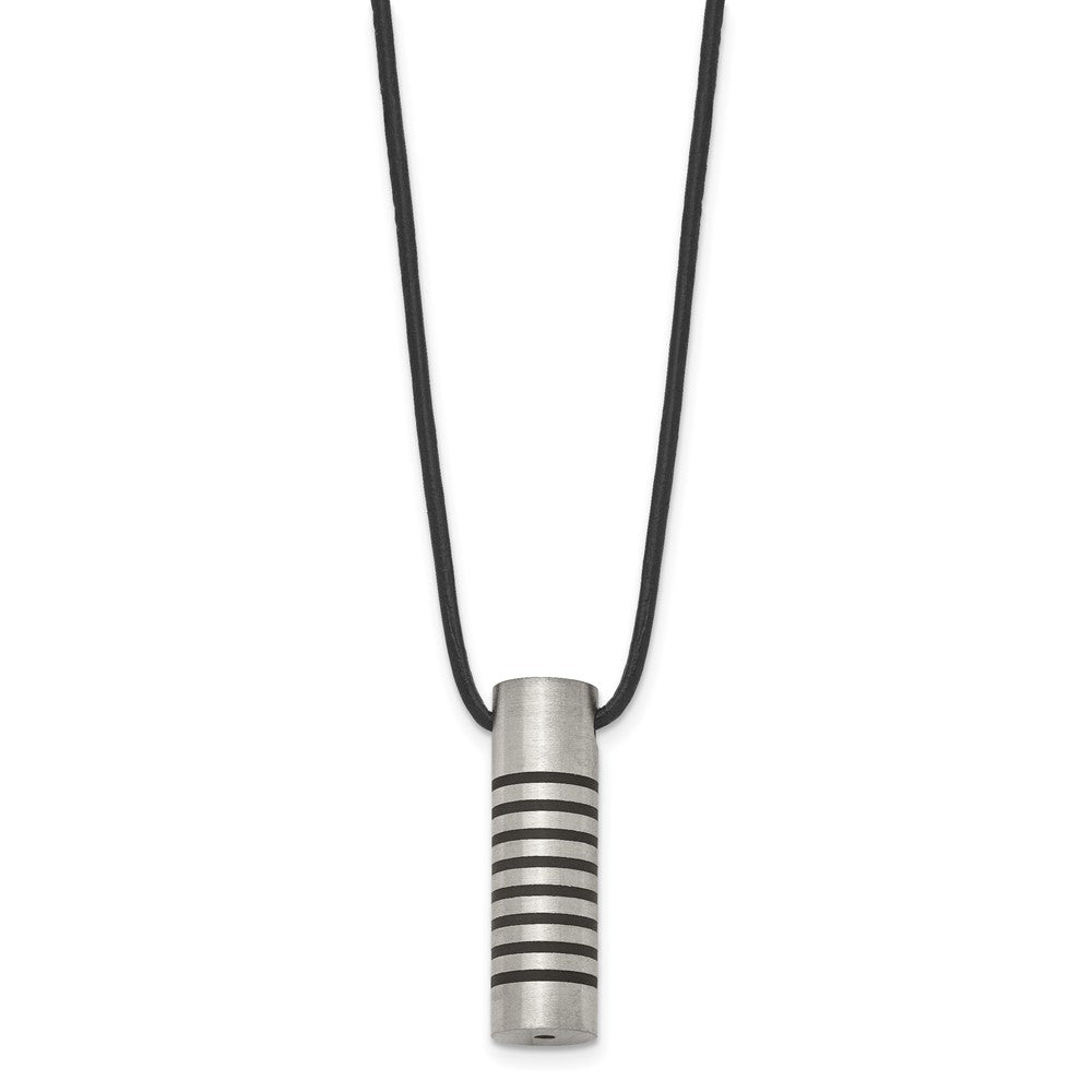Stainless Steel Chisel Brushed And Polished With Black Rubber Cylinder On An 18 Inch Leather Cord Necklace