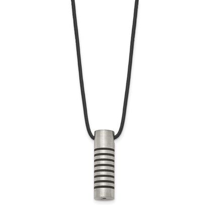 Stainless Steel Chisel Brushed And Polished With Black Rubber Cylinder On An 18 Inch Leather Cord Necklace