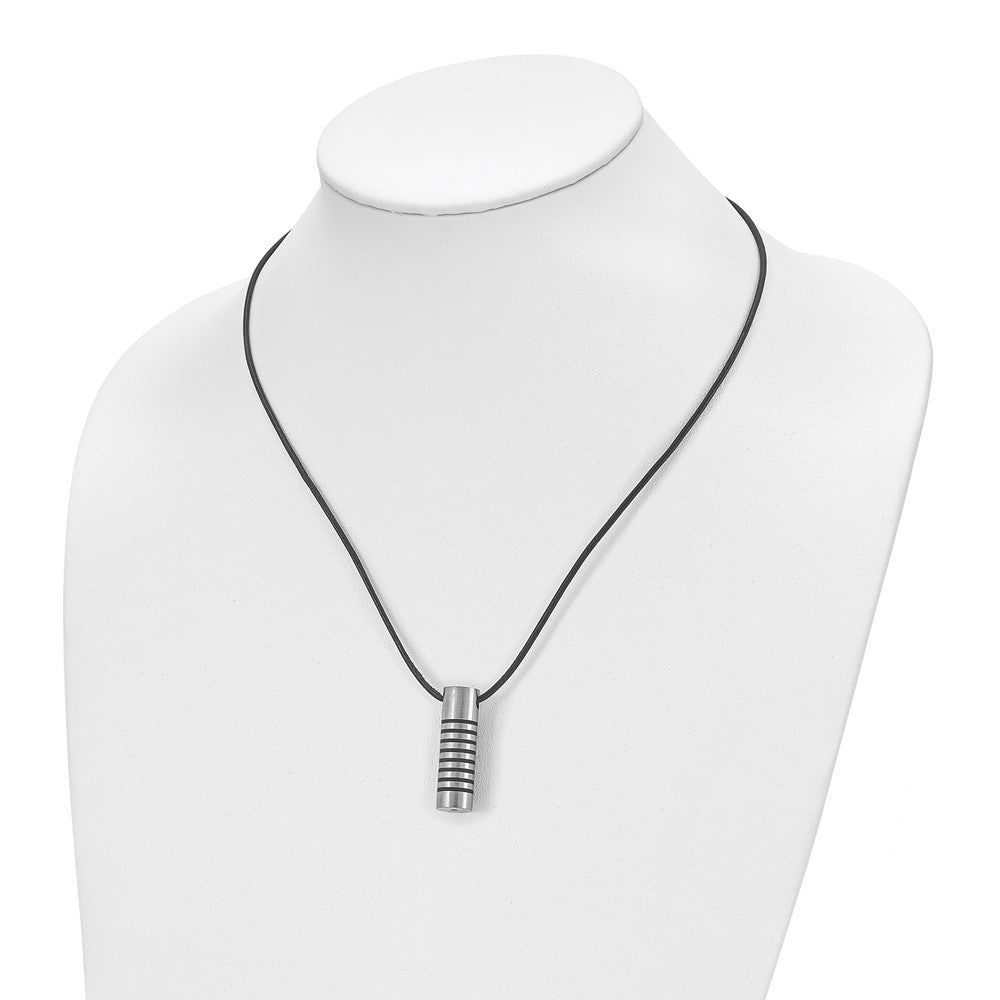 Stainless Steel Chisel Brushed And Polished With Black Rubber Cylinder On An 18 Inch Leather Cord Necklace