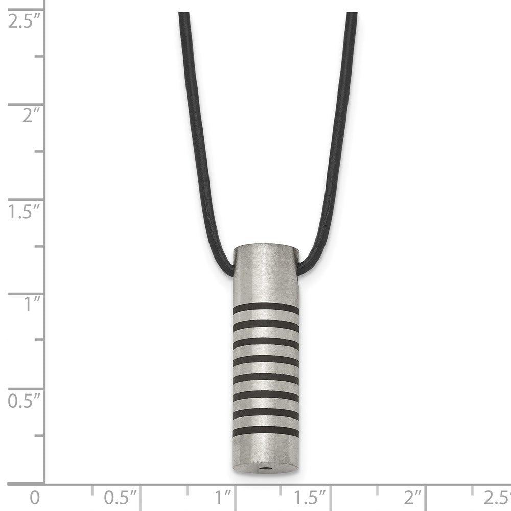 Stainless Steel Chisel Brushed And Polished With Black Rubber Cylinder On An 18 Inch Leather Cord Necklace