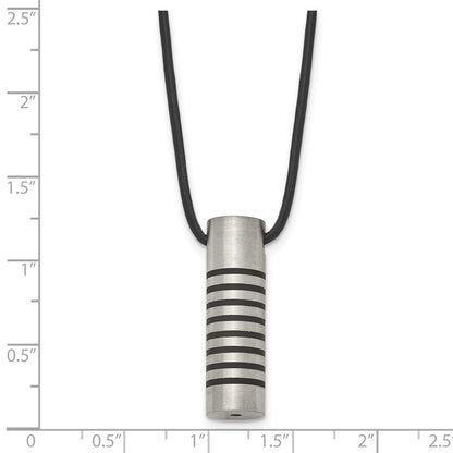 Stainless Steel Chisel Brushed And Polished With Black Rubber Cylinder On An 18 Inch Leather Cord Necklace