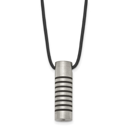 Stainless Steel Chisel Brushed And Polished With Black Rubber Cylinder On An 18 Inch Leather Cord Necklace