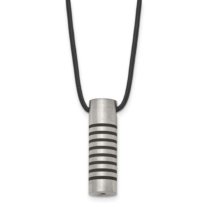 Stainless Steel Chisel Brushed And Polished With Black Rubber Cylinder On An 18 Inch Leather Cord Necklace