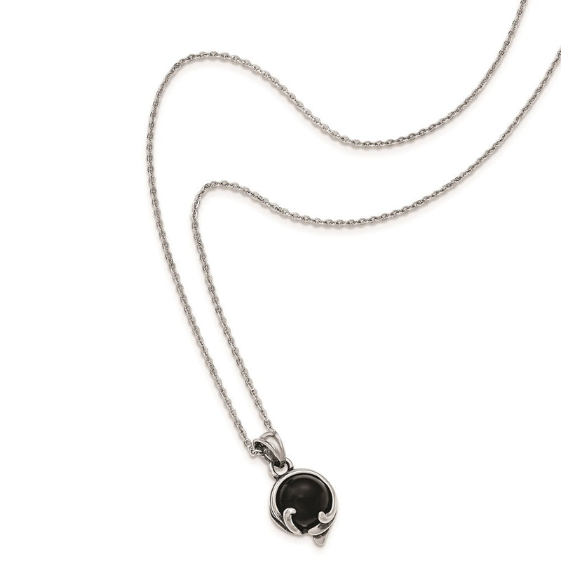 Stainless Steel Antiqued And Polished W/ Black Glass Necklace