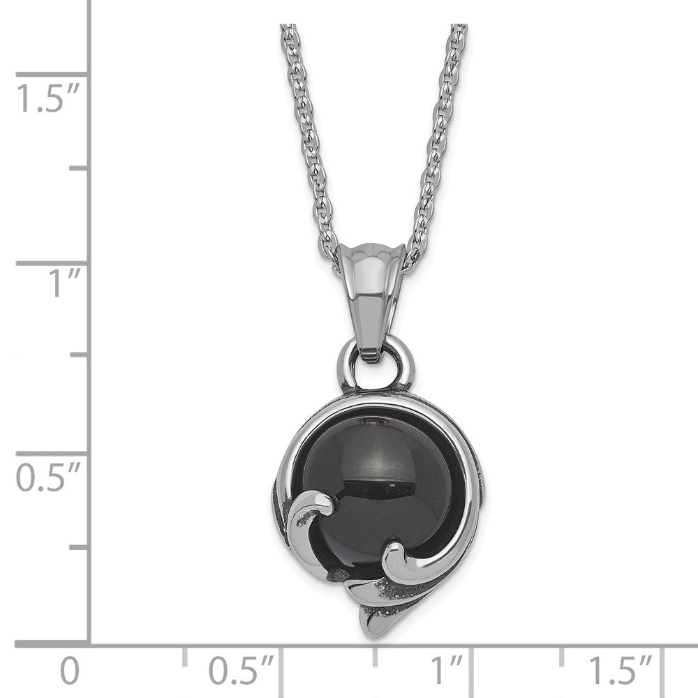 Stainless Steel Antiqued And Polished W/ Black Glass Necklace