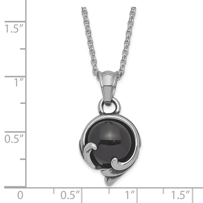 Stainless Steel Antiqued And Polished W/ Black Glass Necklace