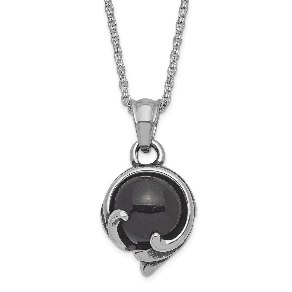 Stainless Steel Antiqued And Polished W/ Black Glass Necklace