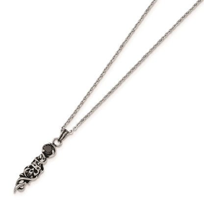 Stainless Steel Antiqued And Polished Black Cz Skull Necklace