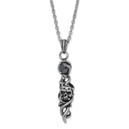 Stainless Steel Antiqued And Polished Black Cz Skull Necklace