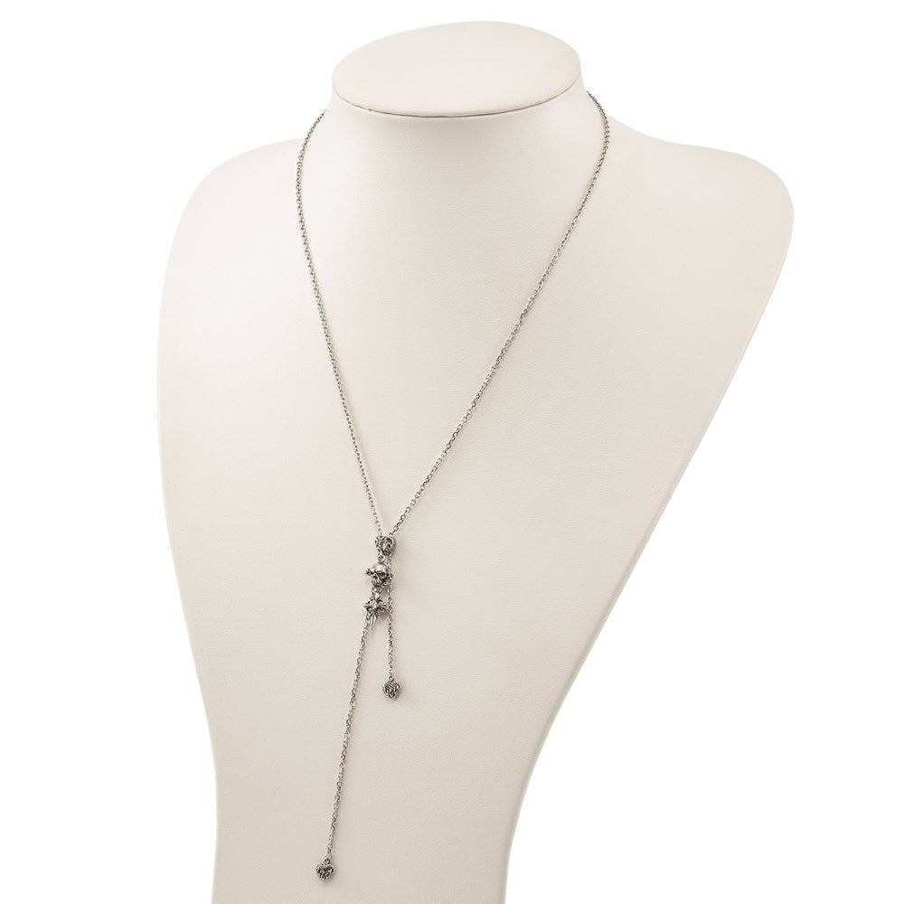 Stainless Steel Antiqued & Polished Cz Heart Skull Cross Adjustable Necklace