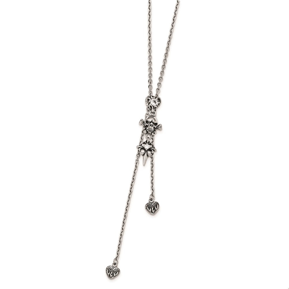 Stainless Steel Antiqued & Polished Cz Heart Skull Cross Adjustable Necklace
