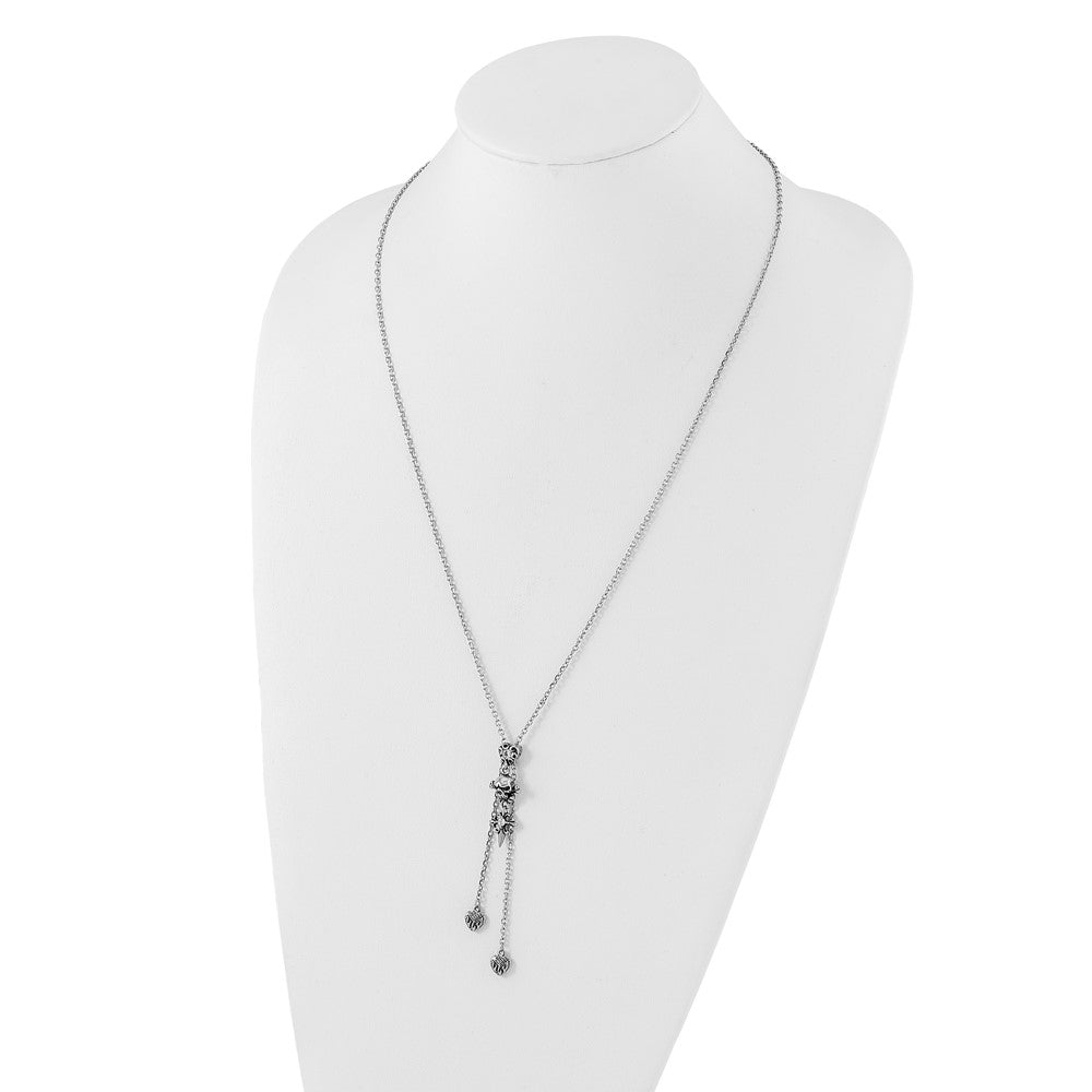 Stainless Steel Antiqued & Polished Cz Heart Skull Cross Adjustable Necklace