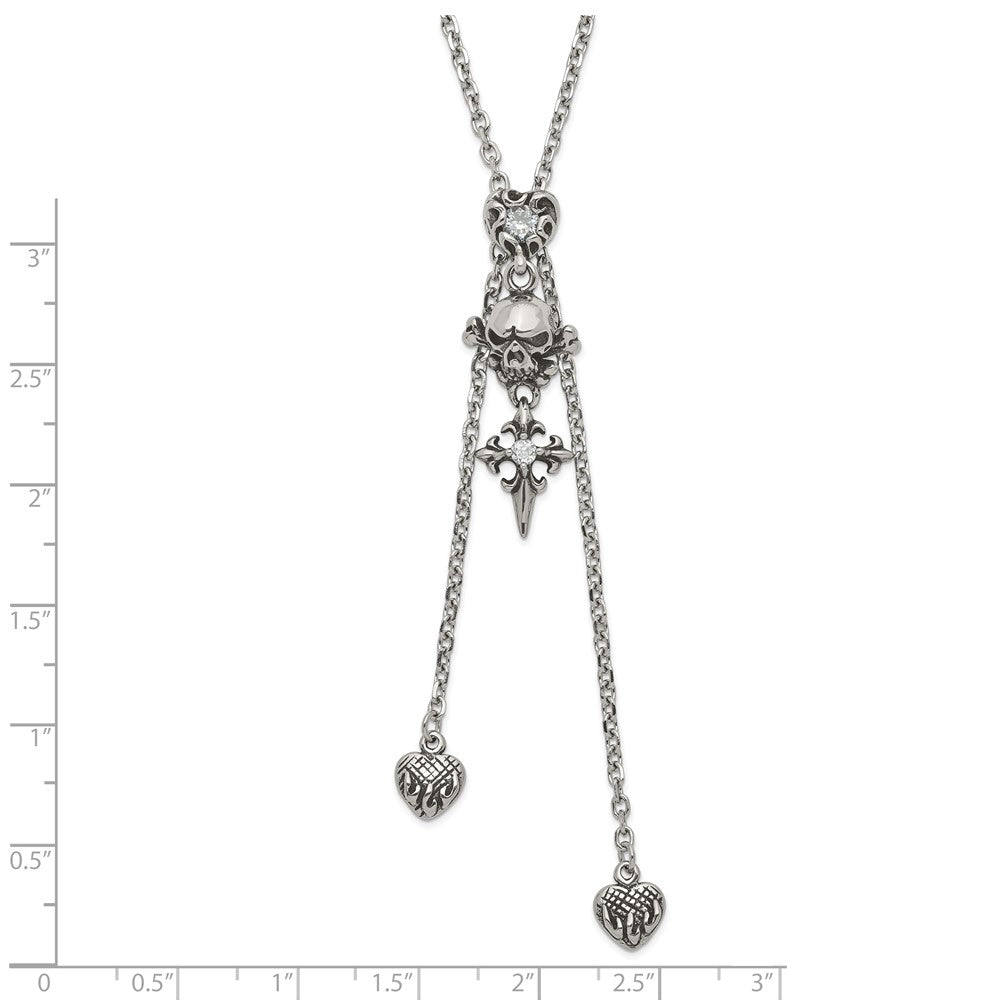 Stainless Steel Antiqued & Polished Cz Heart Skull Cross Adjustable Necklace