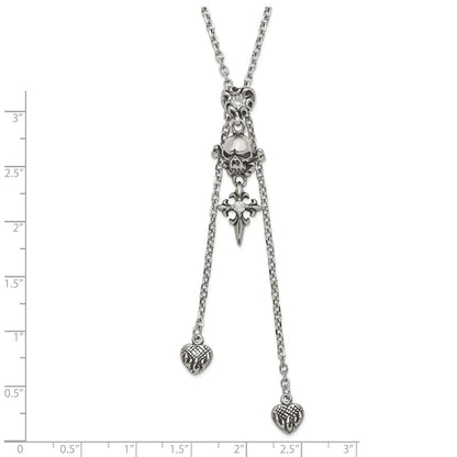 Stainless Steel Antiqued & Polished Cz Heart Skull Cross Adjustable Necklace