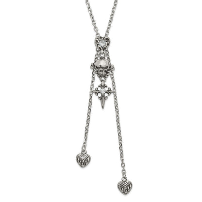 Stainless Steel Antiqued & Polished Cz Heart Skull Cross Adjustable Necklace