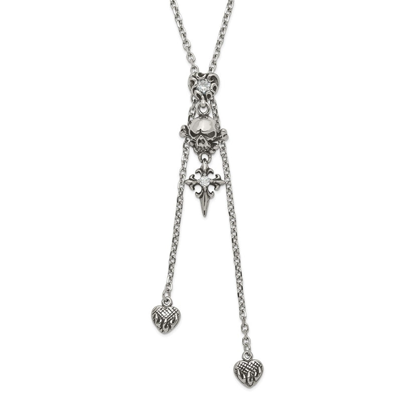 Stainless Steel Antiqued & Polished Cz Heart Skull Cross Adjustable Necklace