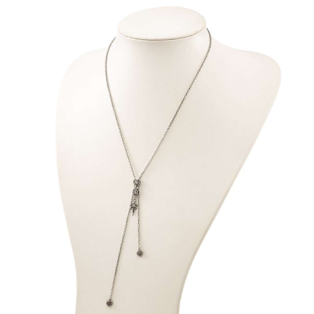 Stainless Steel Polished & Antiqued Cz Gothic Hearts Sword Adjustable Necklace