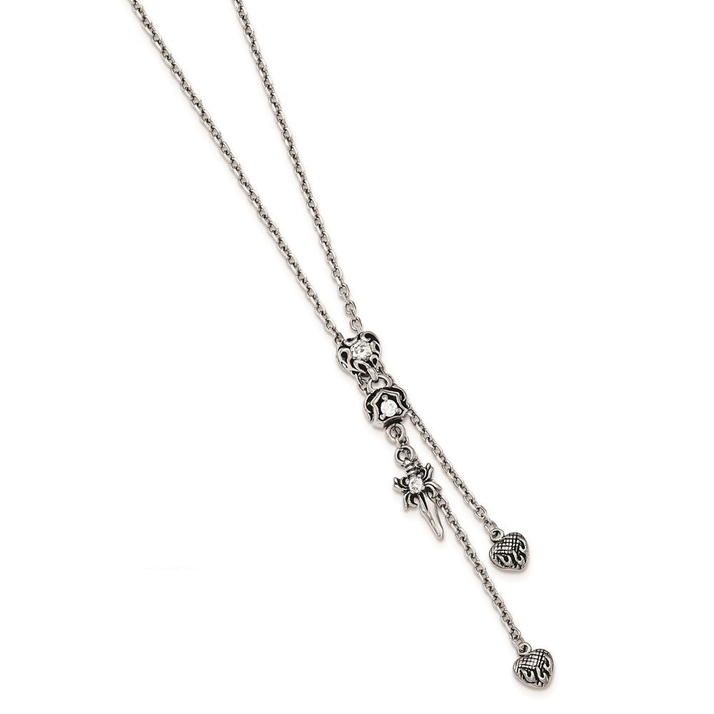 Stainless Steel Polished & Antiqued Cz Gothic Hearts Sword Adjustable Necklace