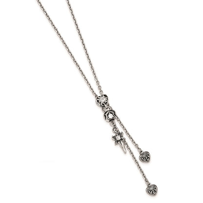 Stainless Steel Polished & Antiqued Cz Gothic Hearts Sword Adjustable Necklace