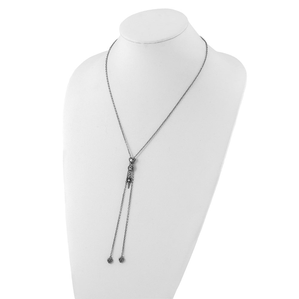Stainless Steel Polished & Antiqued Cz Gothic Hearts Sword Adjustable Necklace