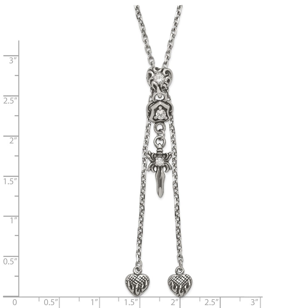 Stainless Steel Polished & Antiqued Cz Gothic Hearts Sword Adjustable Necklace