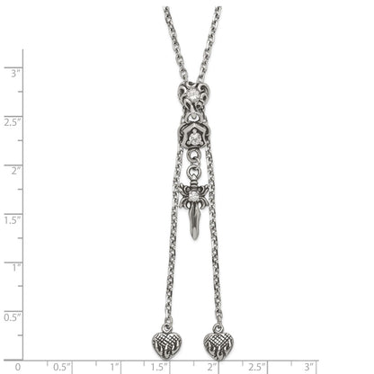 Stainless Steel Polished & Antiqued Cz Gothic Hearts Sword Adjustable Necklace